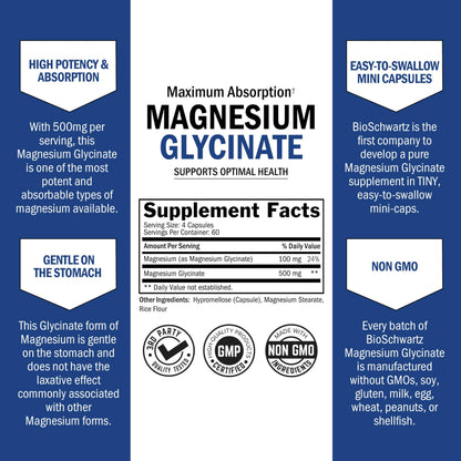 BioSchwartz Magnesium Glycinate 500mg - 240 Mini Capsules (Vegan, Gluten-Free, Non-GMO)
