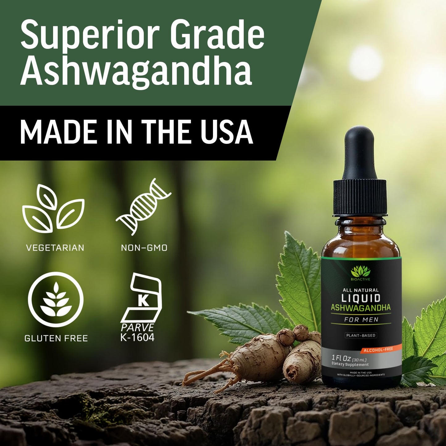 BIOACTIVE Liquid Ashwagandha Drops - Testosterone Support for Men