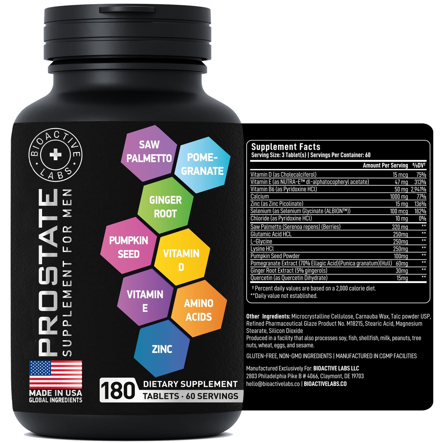 BIOACTIVE LABS Prostate Health Supplements — Saw Palmetto 320 mg, Pumpkin Seed Extract, 180 Tablets, 60 Serves