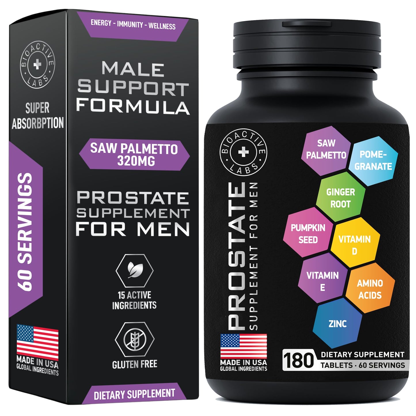 BIOACTIVE LABS Prostate Health Supplements — Saw Palmetto 320 mg, Pumpkin Seed Extract, 180 Tablets, 60 Serves