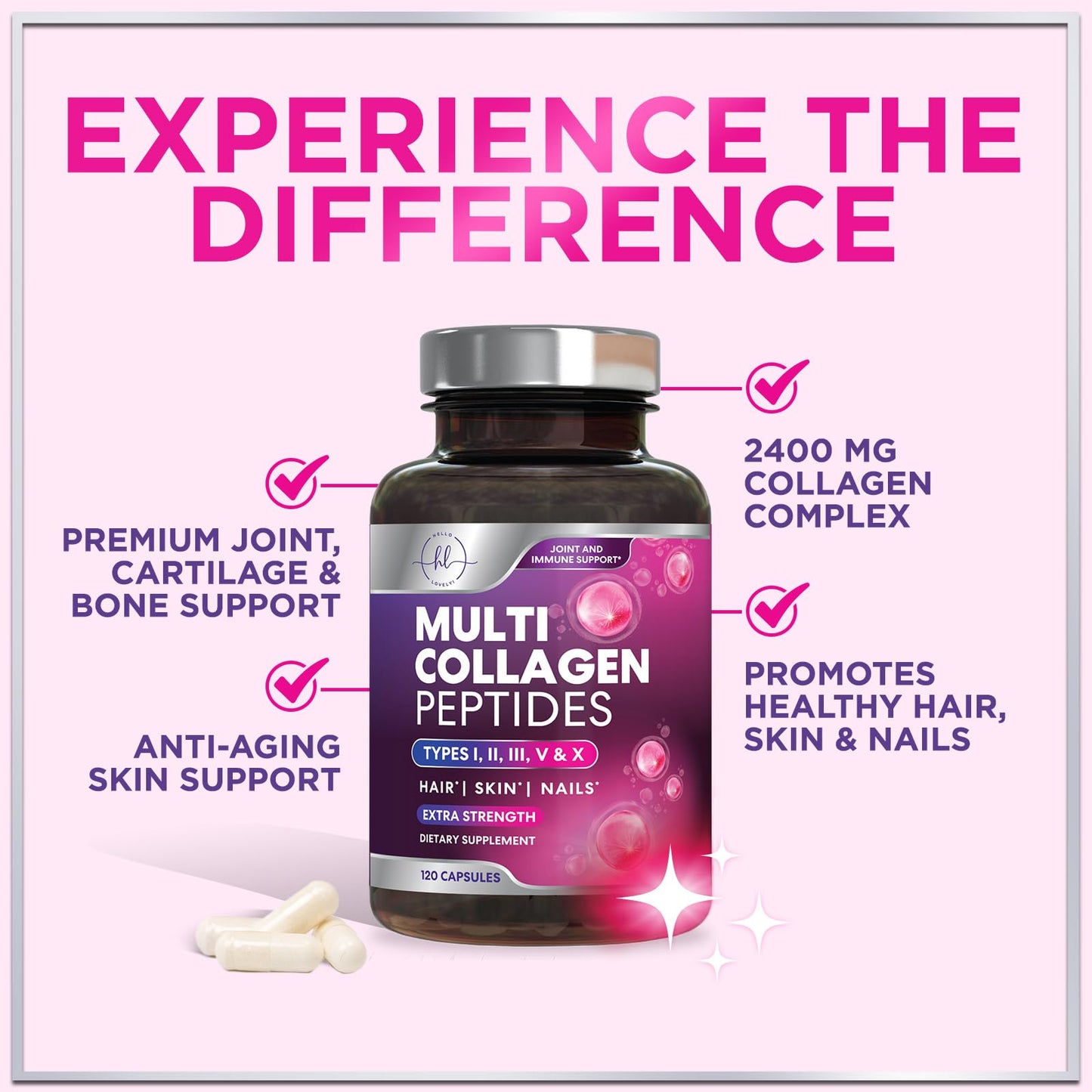 Multi Collagen 2400 mg - Types I, II, III, V & X | Hydrolyzed Collagen Capsules for Hair, Skin, Nails & Joints - 120 Capsules