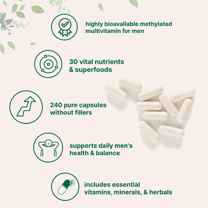 Pure Methylated Multivitamin for Men, 240 Capsules | 30 Key Nutrients with Vitamin C, D, E, B Complex + Methylfolate, lycopene, Saw Palmetto, Ginseng, & Maca | Men’s Daily Support | Filler Free