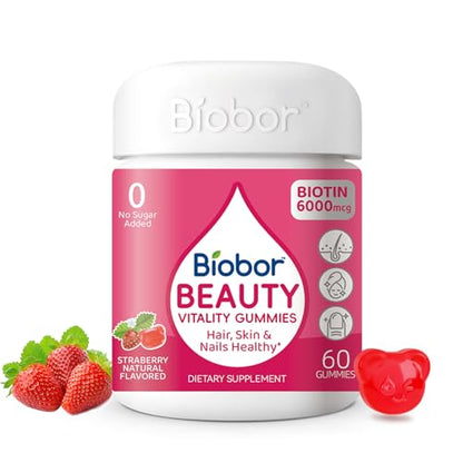Biobor Beauty Gummies No Sugar Added – Biotin 6000mcg for Hair, Skin & Nails