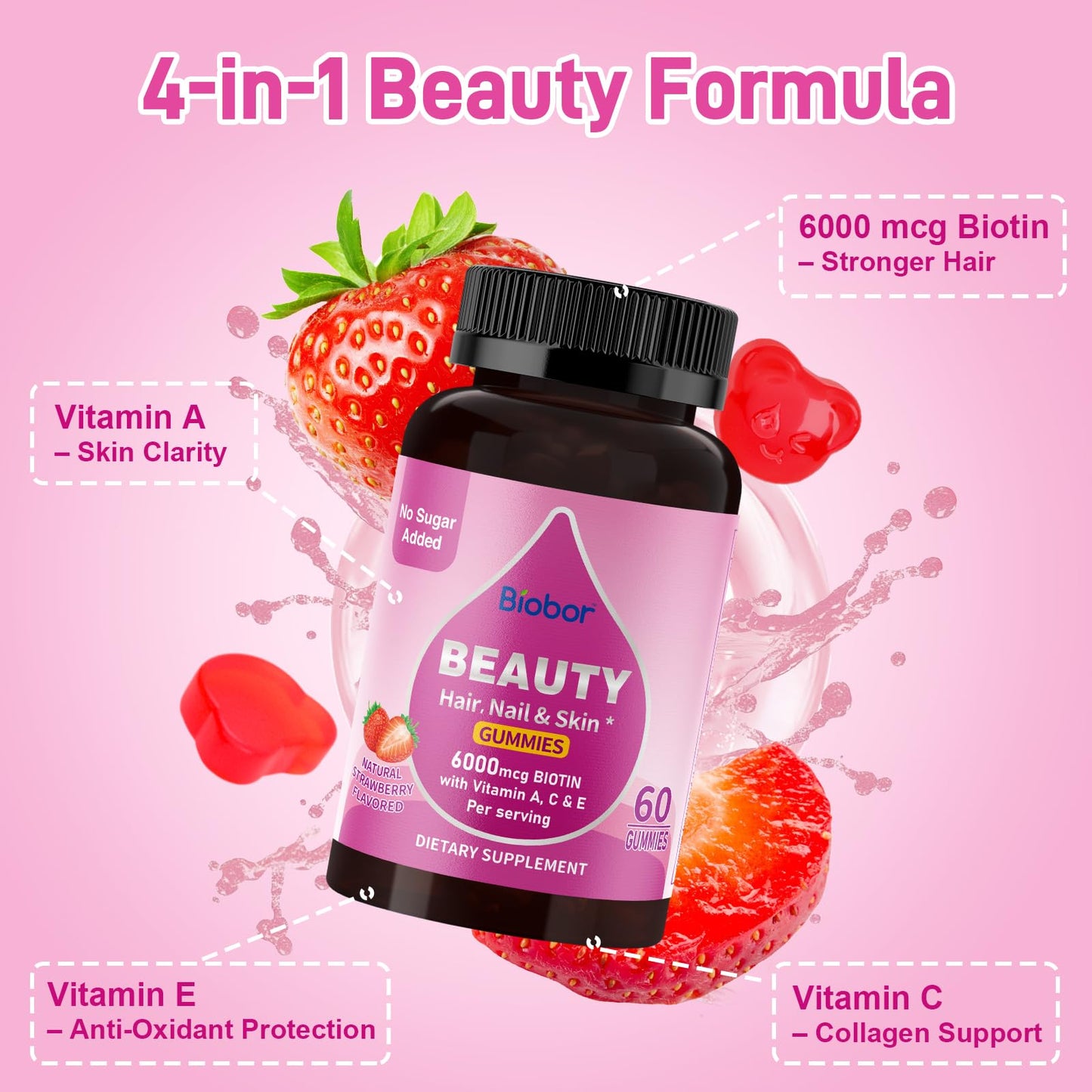 Biobor Beauty Gummies No Sugar Added – Biotin 6000mcg for Hair, Skin & Nails