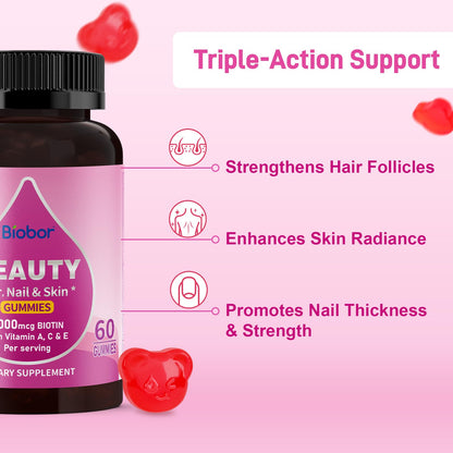 Biobor Beauty Gummies No Sugar Added – Biotin 6000mcg for Hair, Skin & Nails