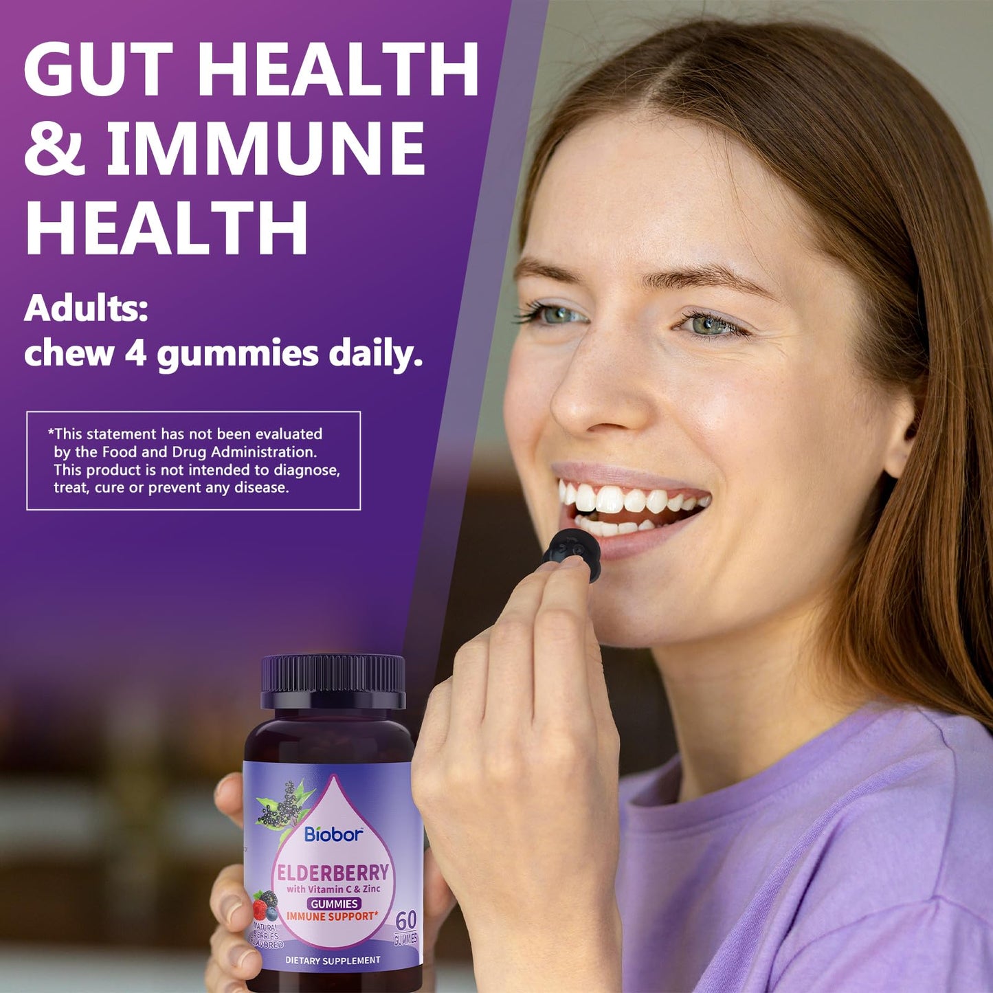 Biobor Natural Black Elderberry Gummies 150mg – ElderCraft® Immune Support with Vitamin C & Zinc (60 Count)