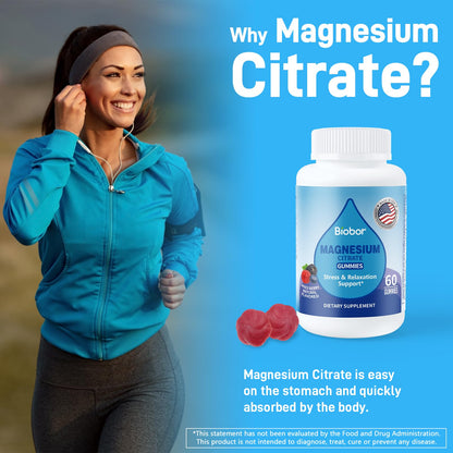 Biobor Magnesium Citrate Gummies 200mg – For Leg Cramps, Stress & Muscle Health (Gluten Free, Vegetarian)