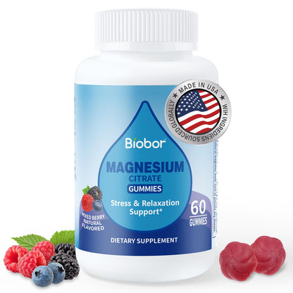 Biobor Magnesium Citrate Gummies 200mg – For Leg Cramps, Stress & Muscle Health (Gluten Free, Vegetarian)