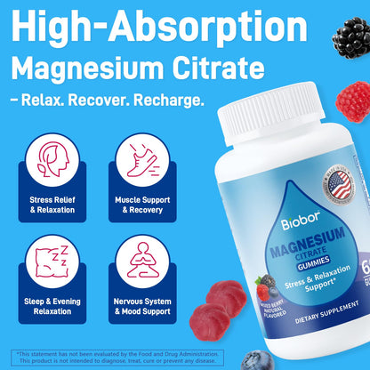 Biobor Magnesium Citrate Gummies 200mg – For Leg Cramps, Stress & Muscle Health (Gluten Free, Vegetarian)