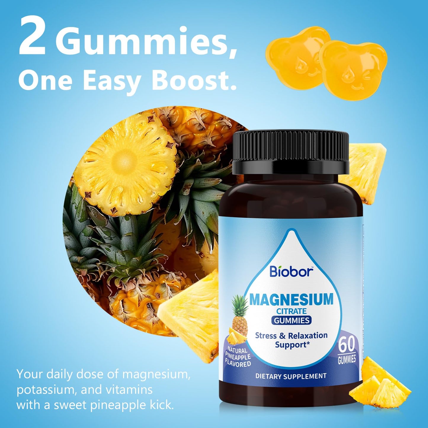 Biobor Potassium Magnesium Gummies – Pineapple, 120 Count, Electrolyte Balance, Gluten Free