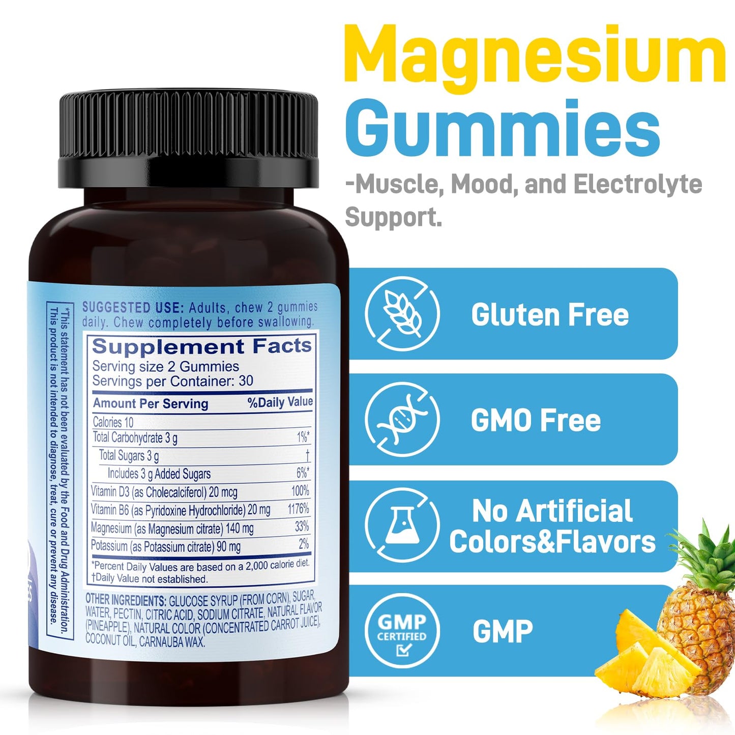 Biobor Potassium Magnesium Gummies – Pineapple, 120 Count, Electrolyte Balance, Gluten Free