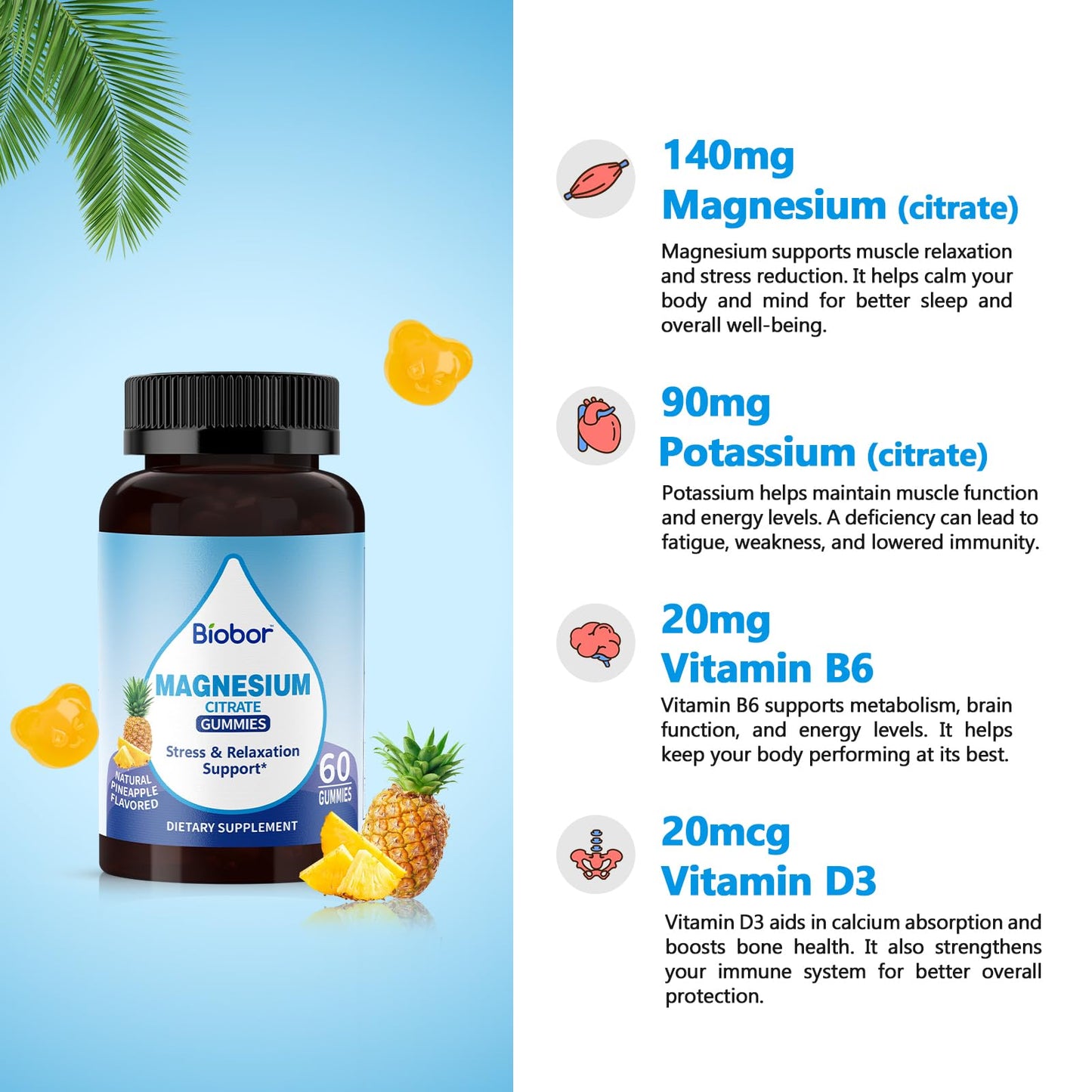 Biobor Potassium Magnesium Gummies – Pineapple, 120 Count, Electrolyte Balance, Gluten Free