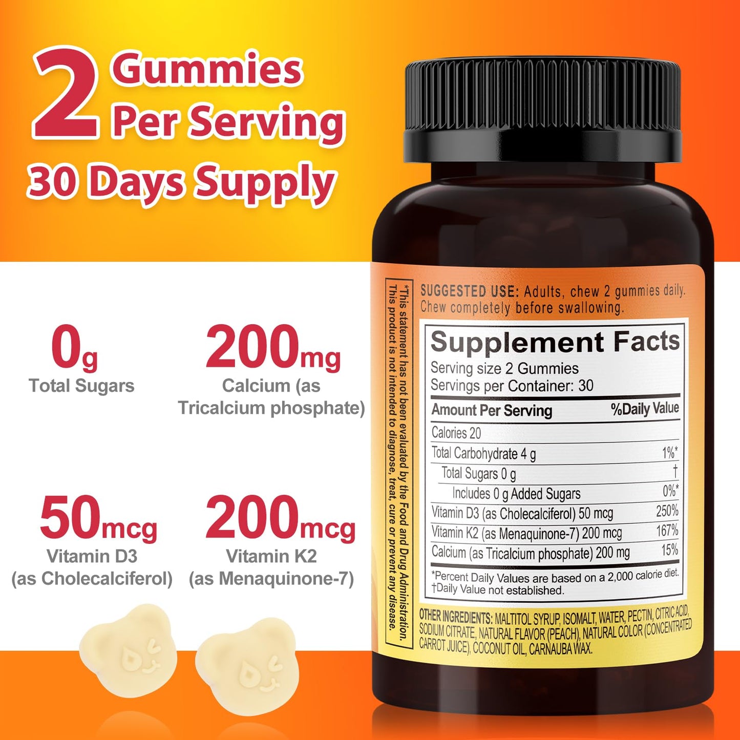 Biobor Vitamin D3 K2 Gummies with Calcium - Sugar Free, Gluten Free, 60 Count