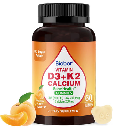Biobor Vitamin D3 K2 Gummies with Calcium - Sugar Free, Gluten Free, 60 Count