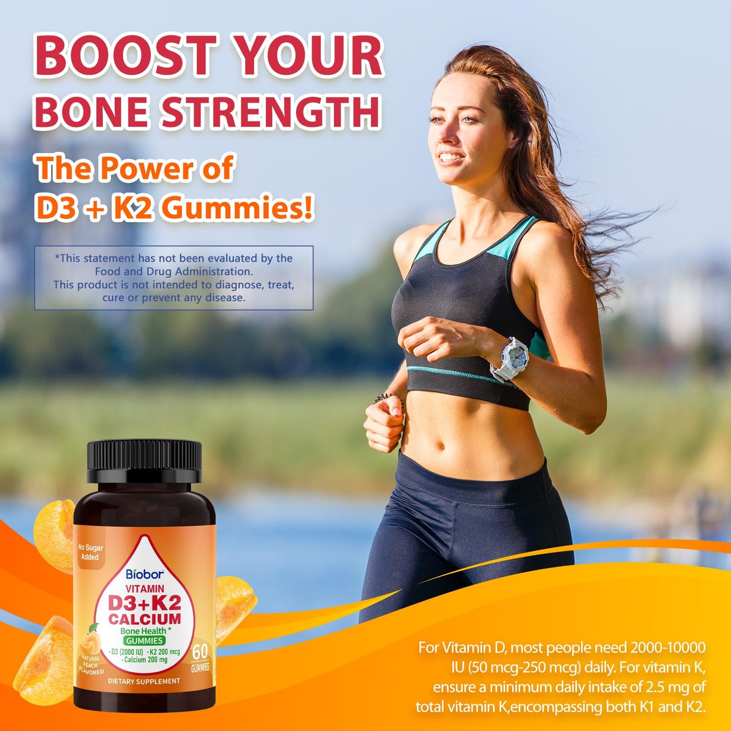 Biobor Vitamin D3 K2 Gummies with Calcium - Sugar Free, Gluten Free, 60 Count