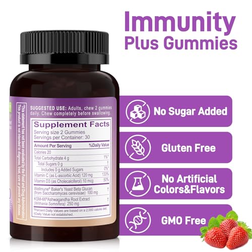 Biobor 4 in 1 Immunity Gummies – Wellmune, KSM-66, Vitamin C & D3 (Strawberry, 60 Count)