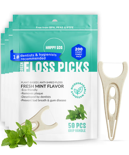 Biodegradable Floss Picks (200pcs) - Plant-Based Mint, Vegan & Nontoxic