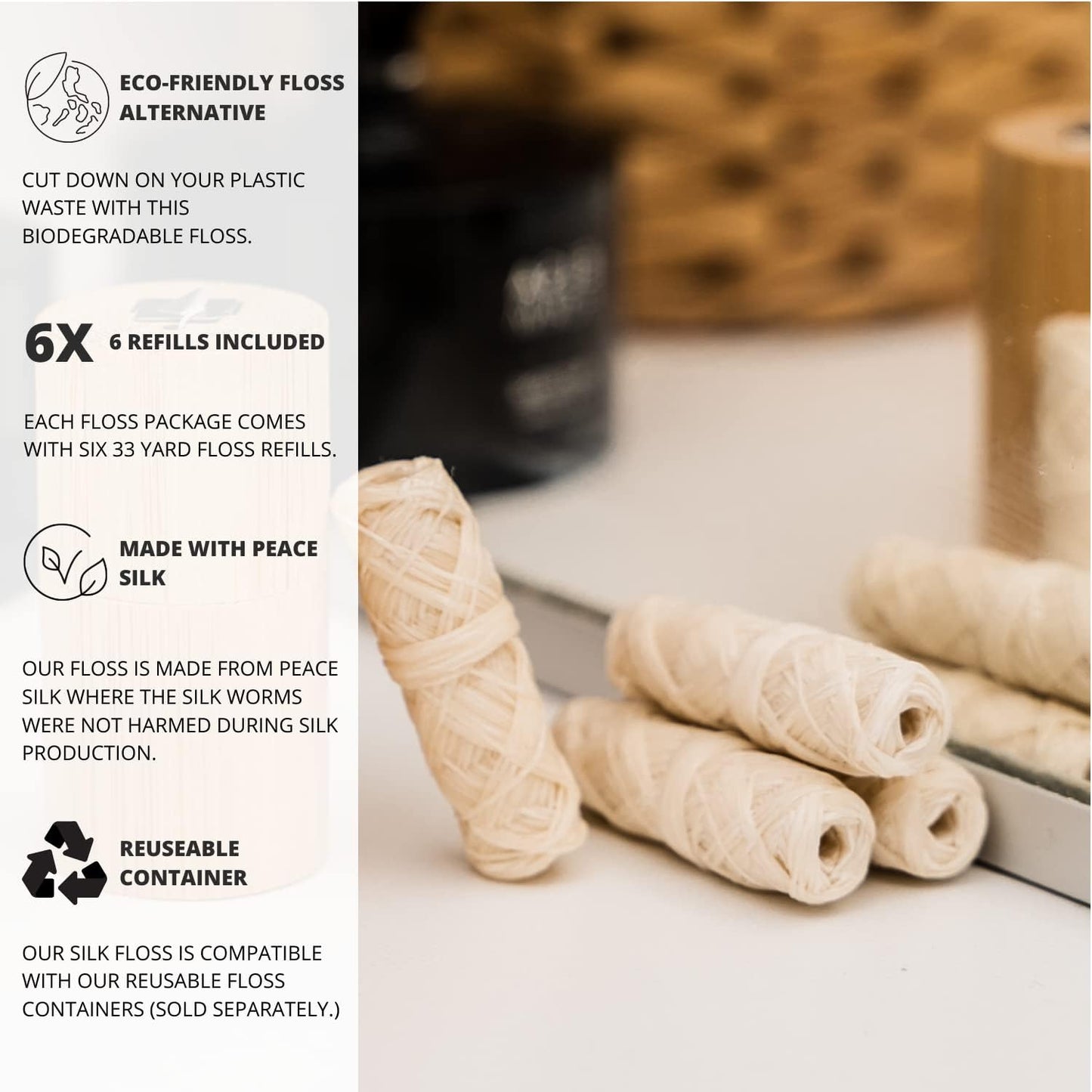Biodegradable Silk Dental Floss Refill - Six Pack (6 x 33 Yards) | Peace Silk, Mint