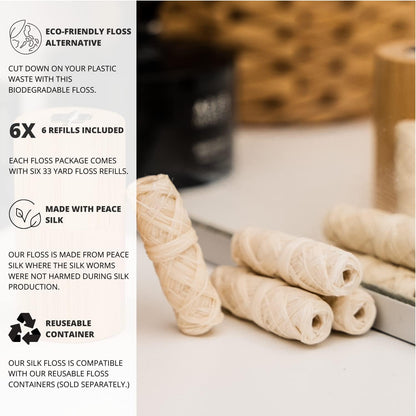 Biodegradable Silk Dental Floss Refill - Six Pack (6 x 33 Yards) | Peace Silk, Mint
