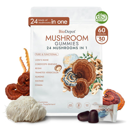 Biodepot 24 in 1 Mushroom Gummies – Focus, Immunity & Energy Support | 60 Gummies