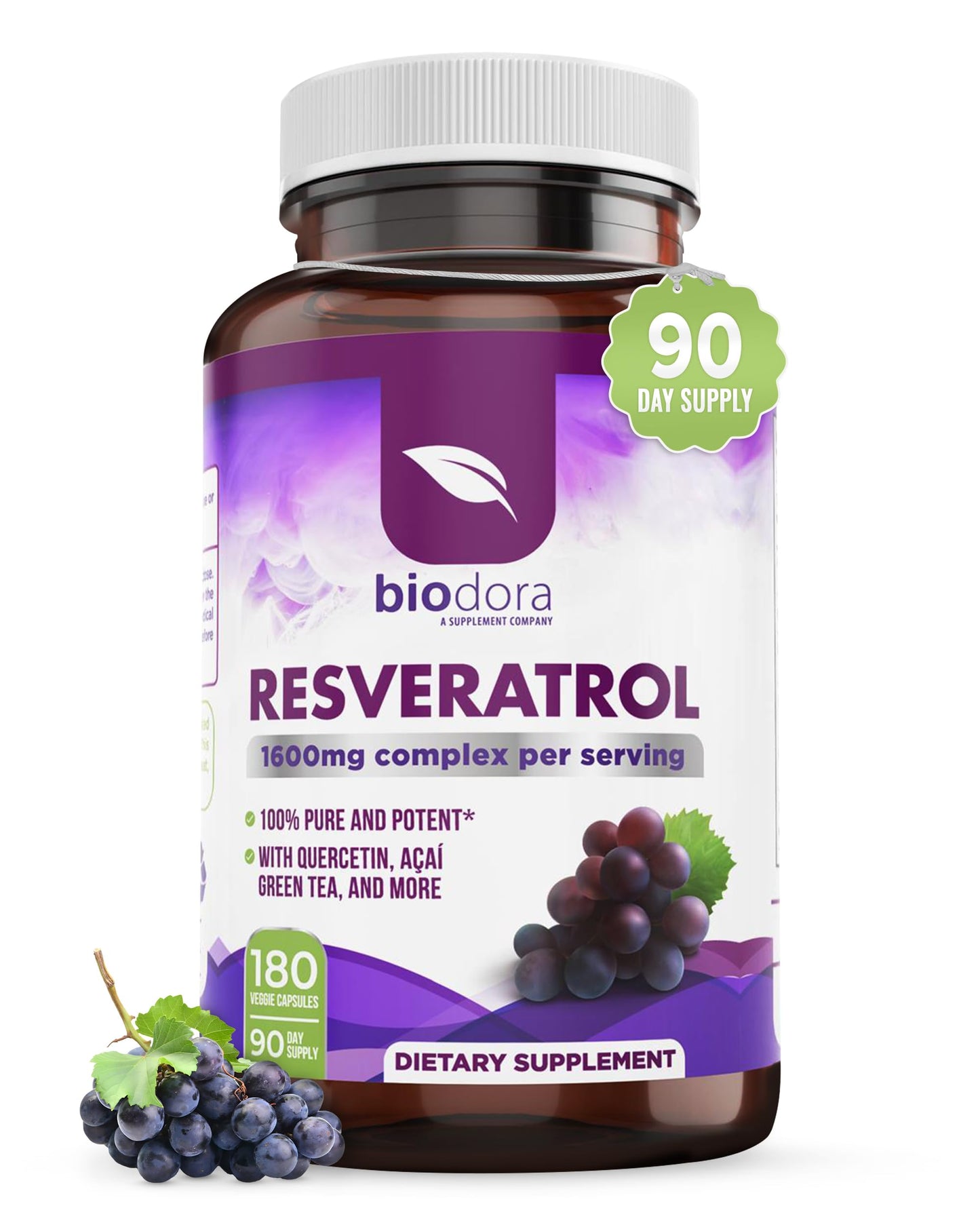 Biodora Resveratrol 1600mg – Trans-Resveratrol Antioxidant with Green Tea, Grape Seed & Quercetin | 180 Capsules