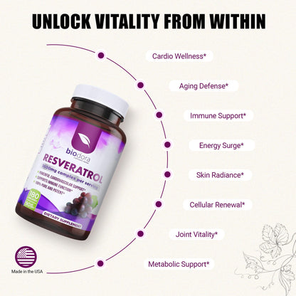 Biodora Resveratrol 1600mg – Trans-Resveratrol Antioxidant with Green Tea, Grape Seed & Quercetin | 180 Capsules