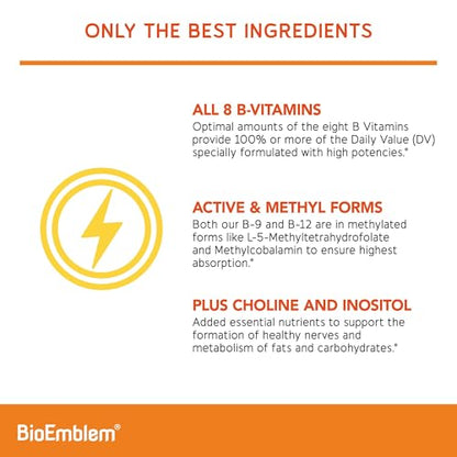 BioEmblem Vitamin B-Complex – All 8 Active Forms | Methylfolate, Methyl B12, B6, Biotin + Choline & Inositol | 90 Capsules