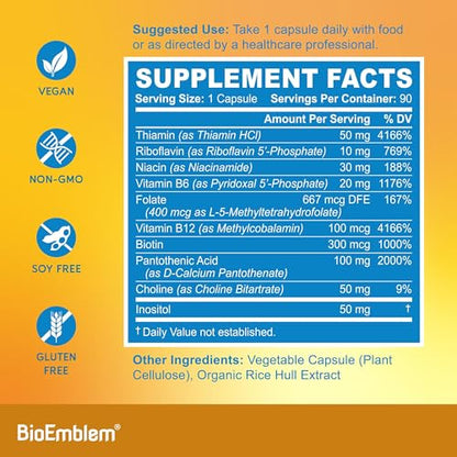 BioEmblem Vitamin B-Complex – All 8 Active Forms | Methylfolate, Methyl B12, B6, Biotin + Choline & Inositol | 90 Capsules