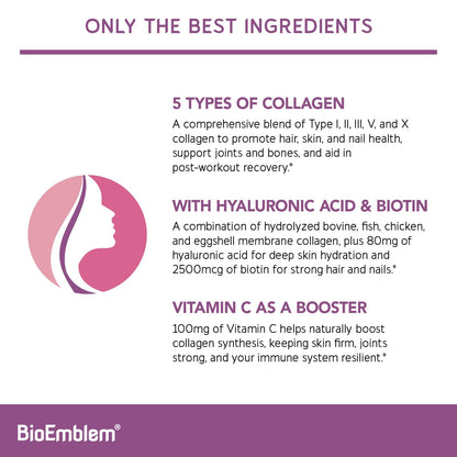 BioEmblem Beauty Collagen – 11G Hydrolyzed Multi-Collagen Peptides, Hyaluronic Acid, Vitamin C & Biotin – 30 Servings