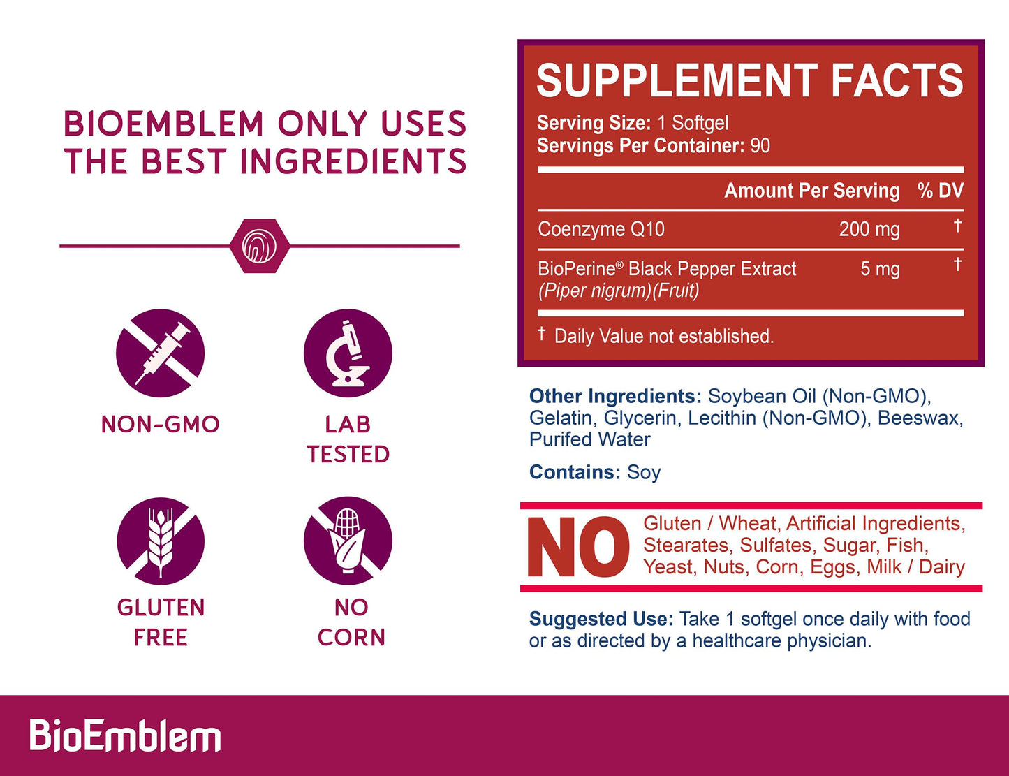 BioEmblem CoQ10 with BioPerine 200mg Softgels – High Absorption CoQ10 for Energy & Heart Health | Non-GMO, Made in USA (90 Count)