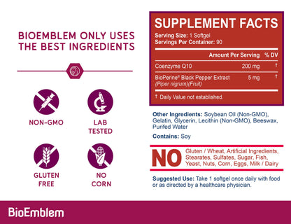 BioEmblem CoQ10 with BioPerine 200mg Softgels – High Absorption CoQ10 for Energy & Heart Health | Non-GMO, Made in USA (90 Count)