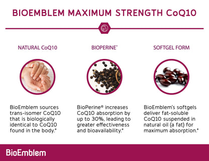 BioEmblem CoQ10 with BioPerine 200mg Softgels – High Absorption CoQ10 for Energy & Heart Health | Non-GMO, Made in USA (90 Count)