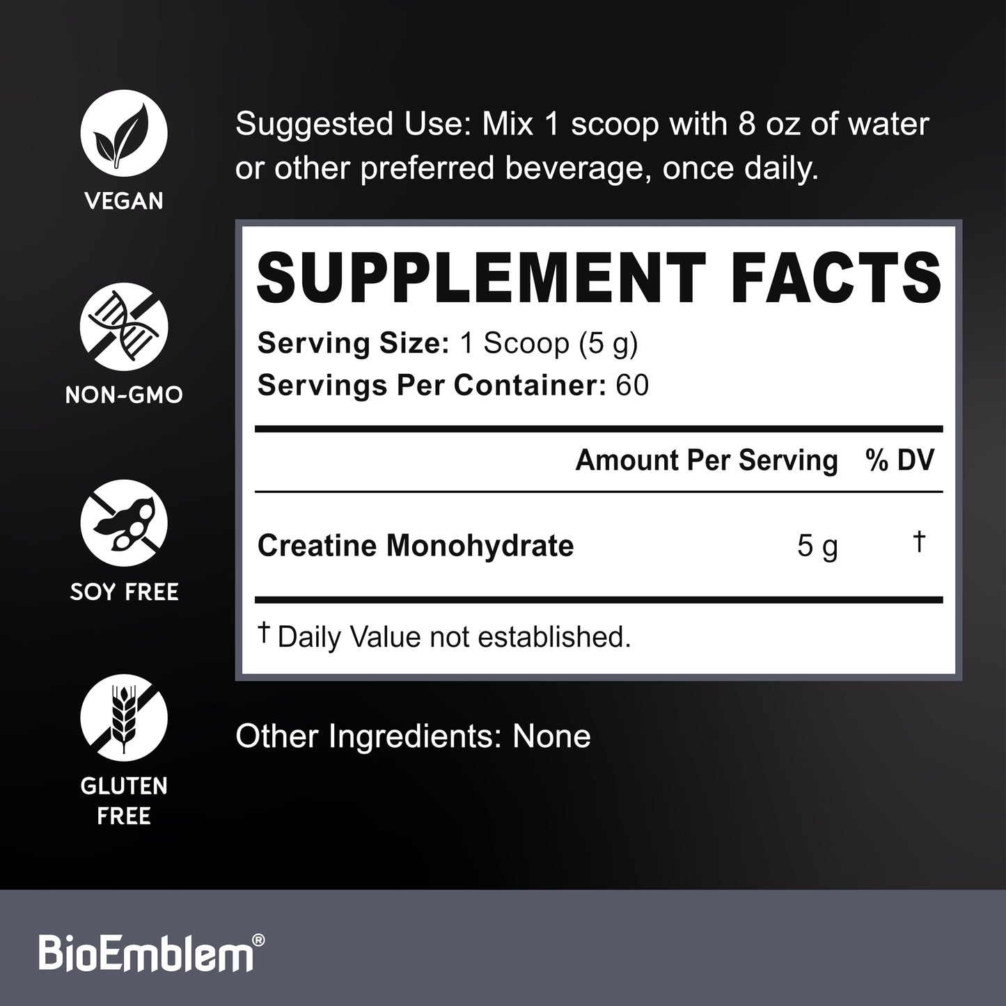 BioEmblem Creatine Monohydrate Powder – 5000mg per Serving, Micronized & Unflavored (60 Servings)