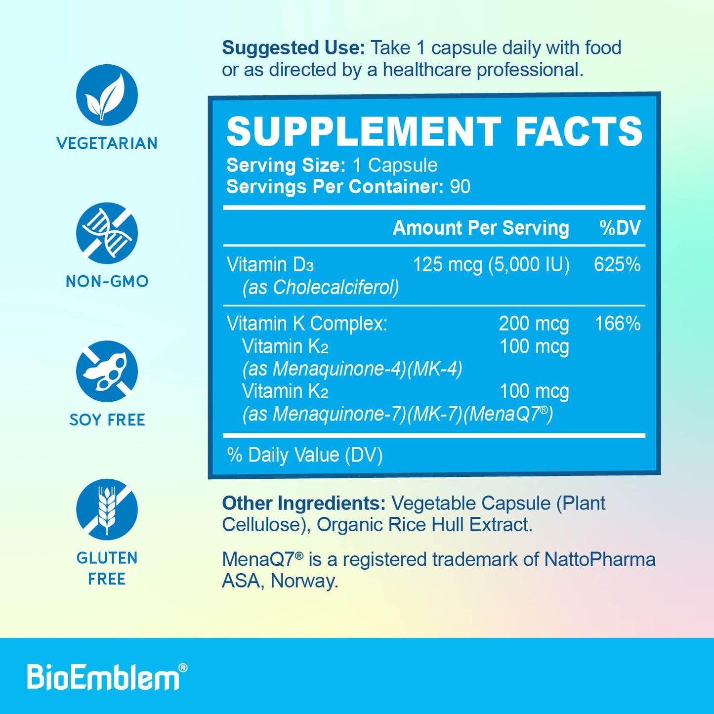 BioEmblem Vitamin D3 K2 Capsules (5000IU/200mcg) – 3-in-1 MK7 MK4, Vegetarian, Non-GMO, 90 Caps