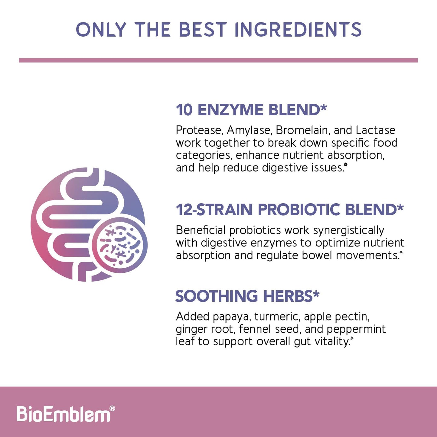 BioEmblem Digestive Enzymes with Probiotics – 10 Enzymes, 1B CFU, 60 Veggie Capsules | Non-GMO