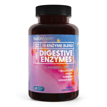 BioEmblem Digestive Enzymes with Probiotics – 10 Enzymes, 1B CFU, 60 Veggie Capsules | Non-GMO