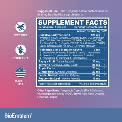 BioEmblem Digestive Enzymes with Probiotics – 10 Enzymes, 1B CFU, 60 Veggie Capsules | Non-GMO