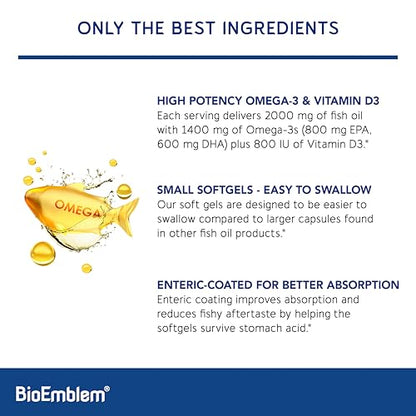 BioEmblem Omega-3 Fish Oil 2000mg – Small Softgels, High Absorption, 120 Ct