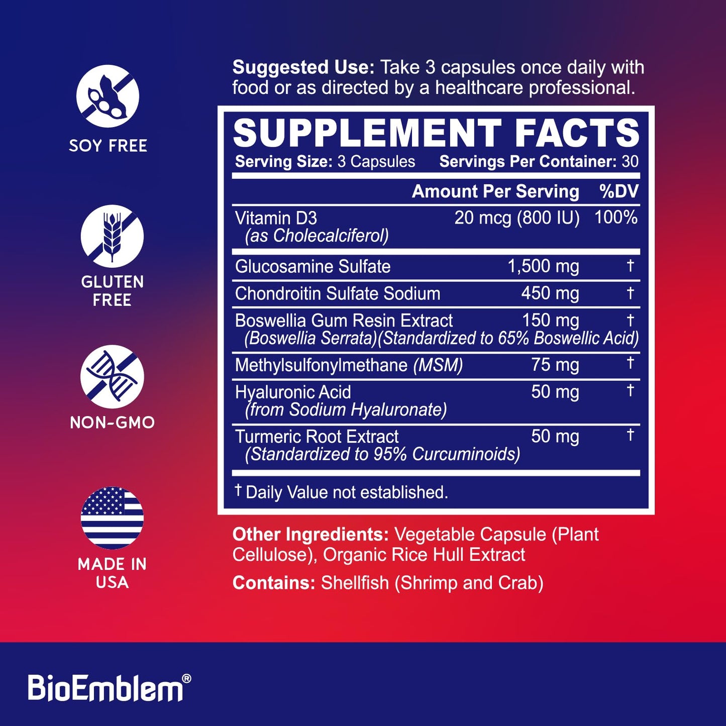 BioEmblem Joint Support - Glucosamine Chondroitin + MSM 1500 MG | Boswellia, Turmeric & Hyaluronic Acid - Non-GMO 90 Caps