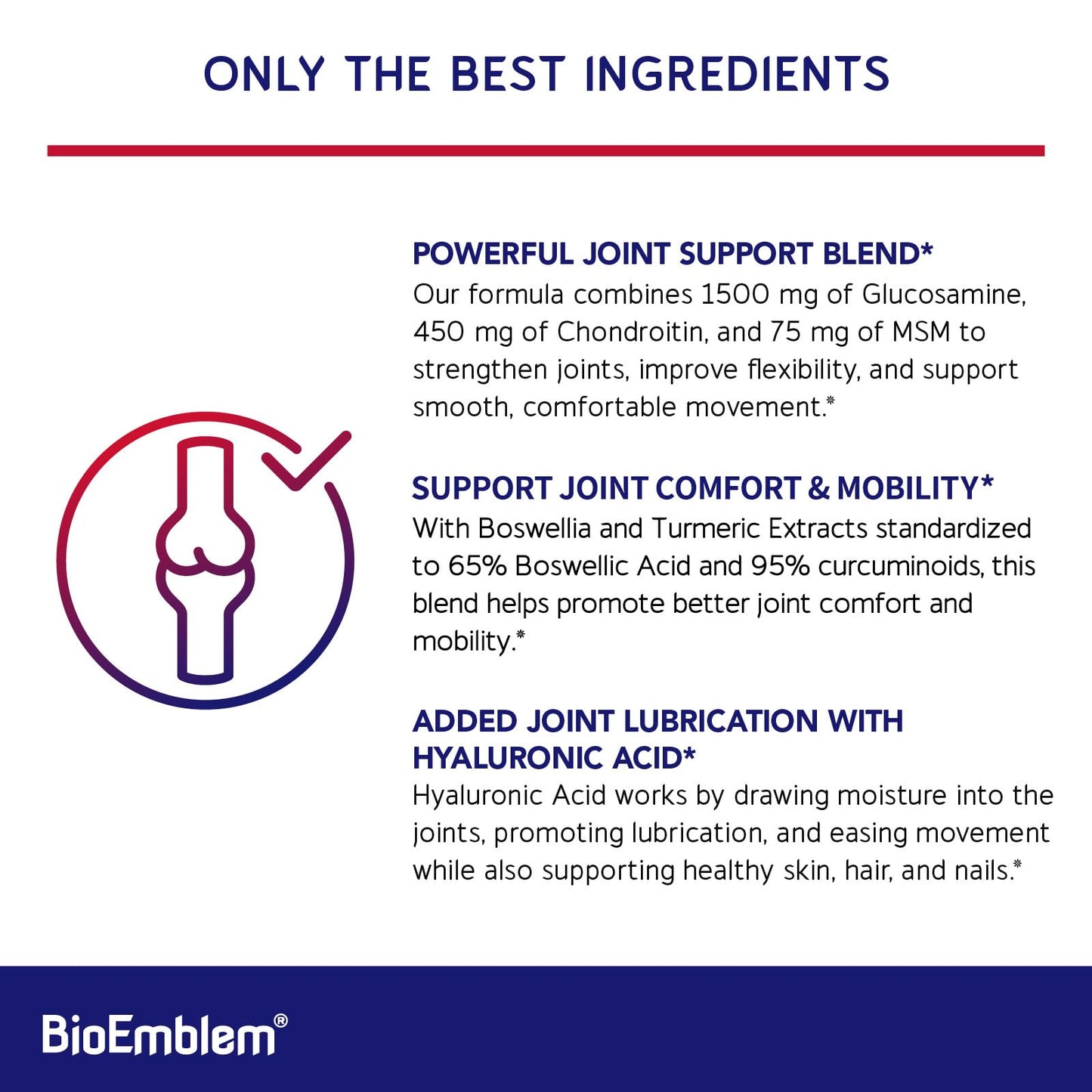 BioEmblem Joint Support - Glucosamine Chondroitin + MSM 1500 MG | Boswellia, Turmeric & Hyaluronic Acid - Non-GMO 90 Caps