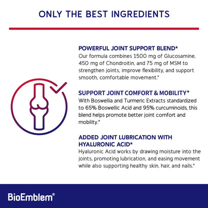BioEmblem Joint Support - Glucosamine Chondroitin + MSM 1500 MG | Boswellia, Turmeric & Hyaluronic Acid - Non-GMO 90 Caps