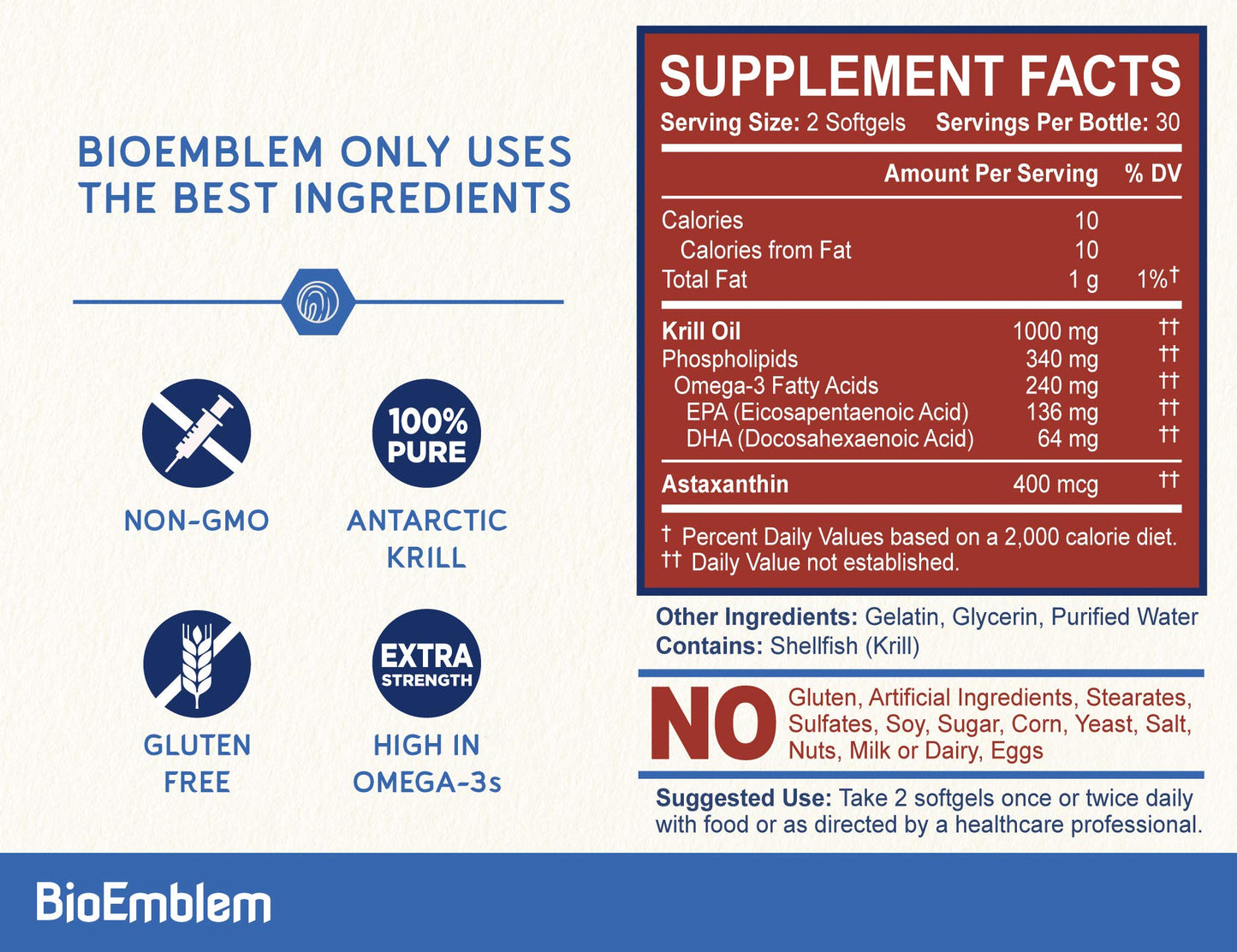 BioEmblem Antarctic Krill Oil 1000mg | Omega-3 EPA DHA • 60 Softgels • Non-GMO