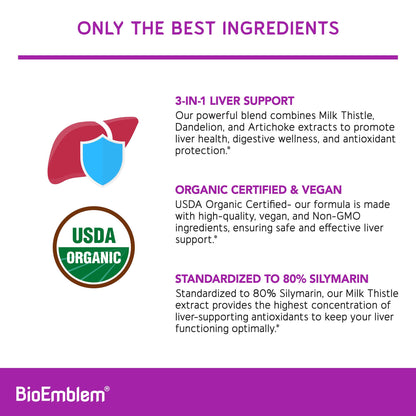 BioEmblem USDA Organic Liver Cleanse – 80% Silymarin Milk Thistle, 60 Caps