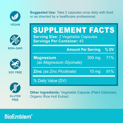 BioEmblem Magnesium Glycinate with Zinc - 300mg Chelated Mg - 90 Caps