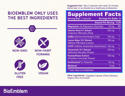 BioEmblem Natural Sleep Aid for Adults – Melatonin, Valerian Root, Suntheanine | 60 Capsules