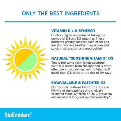 BioEmblem Vitamin D3 K2 Capsules (5000IU/200mcg) – 3-in-1 MK7 MK4, Vegetarian, Non-GMO, 90 Caps