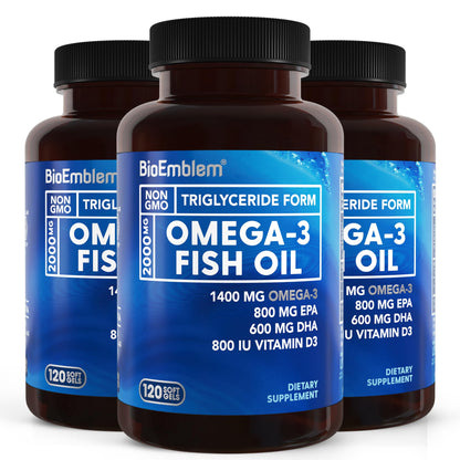 BioEmblem Omega-3 Fish Oil 2000mg | 360 Softgels | Vitamin D3 | Non-GMO