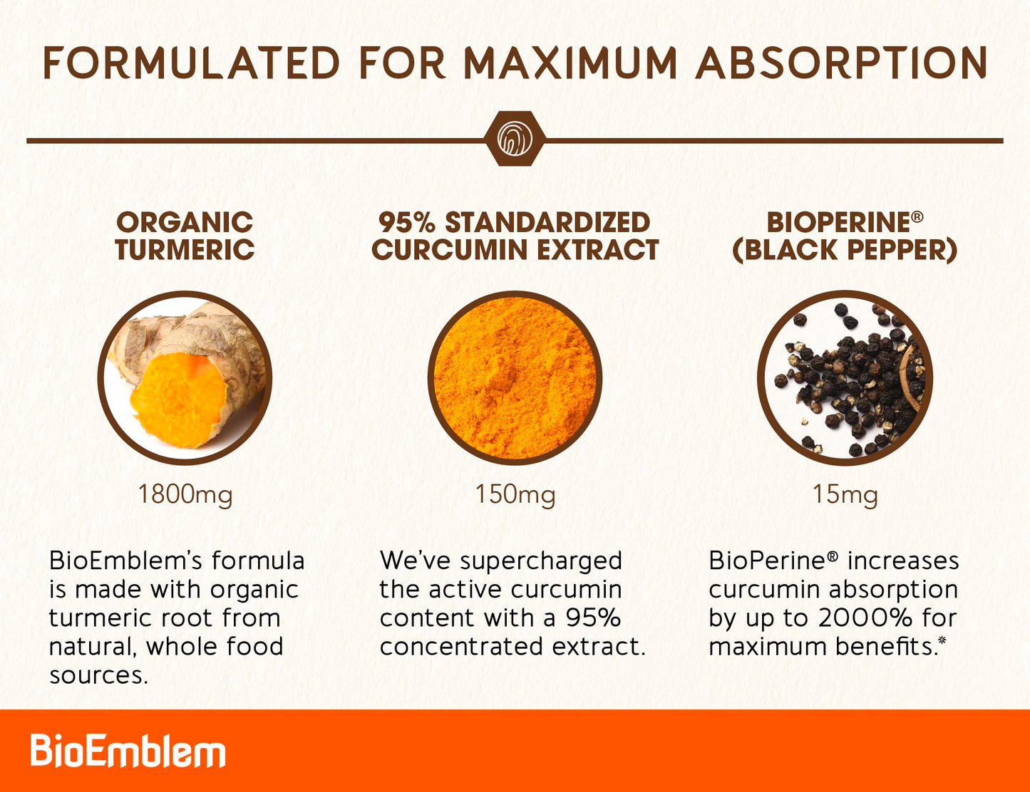 BioEmblem Turmeric Curcumin with BioPerine | Joint & Heart Health | California Made