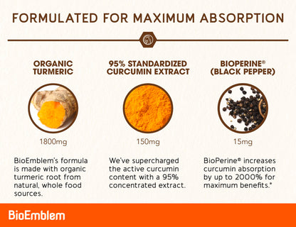 BioEmblem Turmeric Curcumin with BioPerine | Joint & Heart Health | California Made