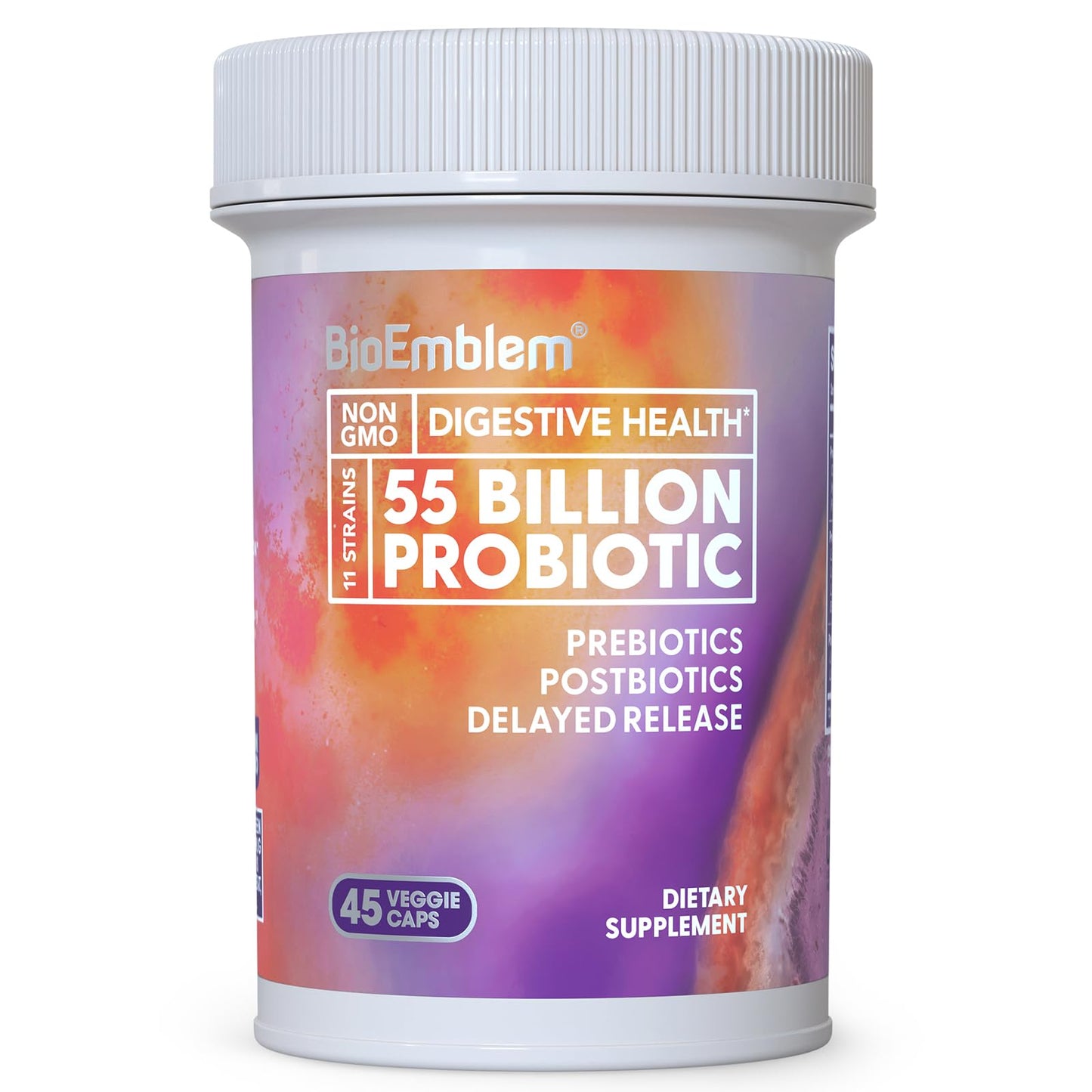 BioEmblem Probiotics 55B CFU – 11 Strains | Prebiotics & Postbiotics | Non-GMO 45 Capsules